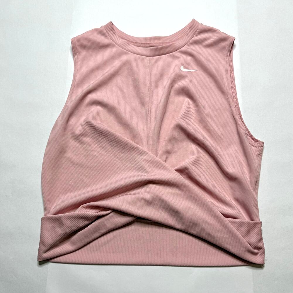 women Pink Nike DRI-FIT Ribbed twist front crop activewear shirt size large